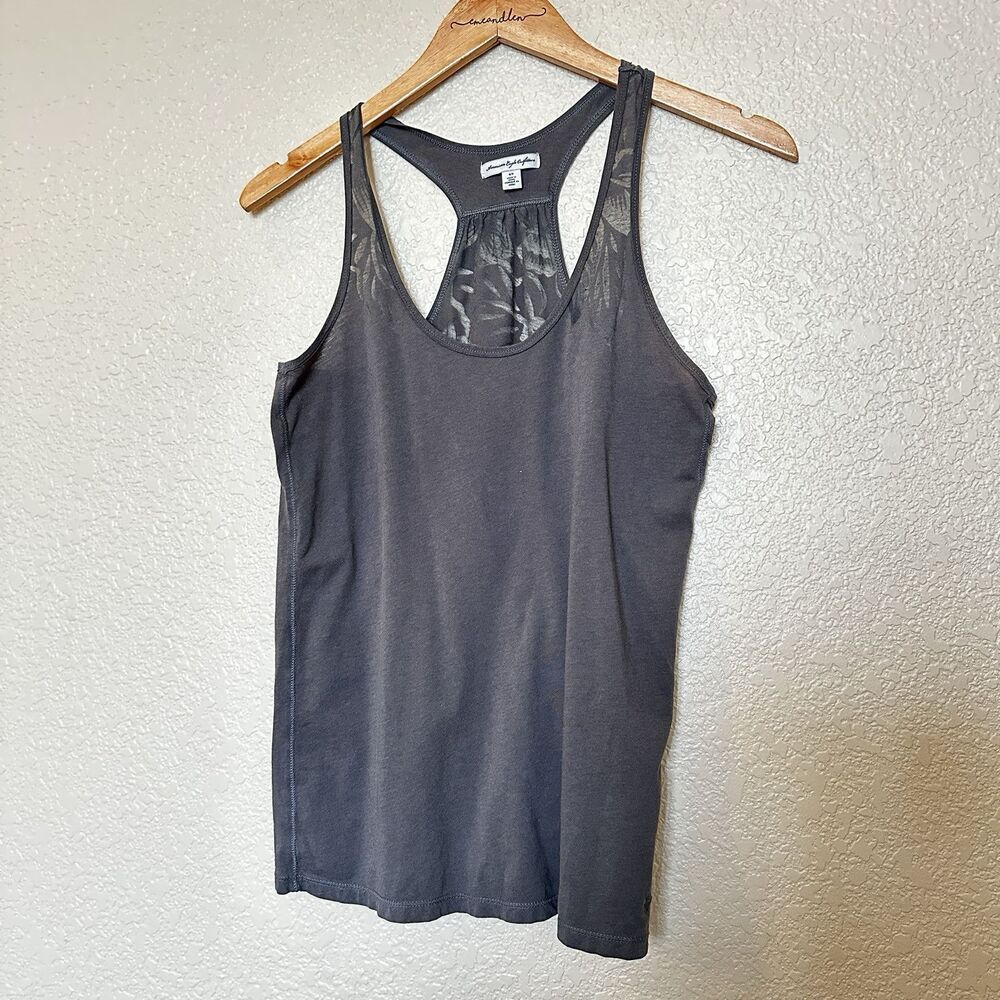 American Eagle Outfitters Racer Back Tank Top Dark Grey Burn Out Back Design Sm